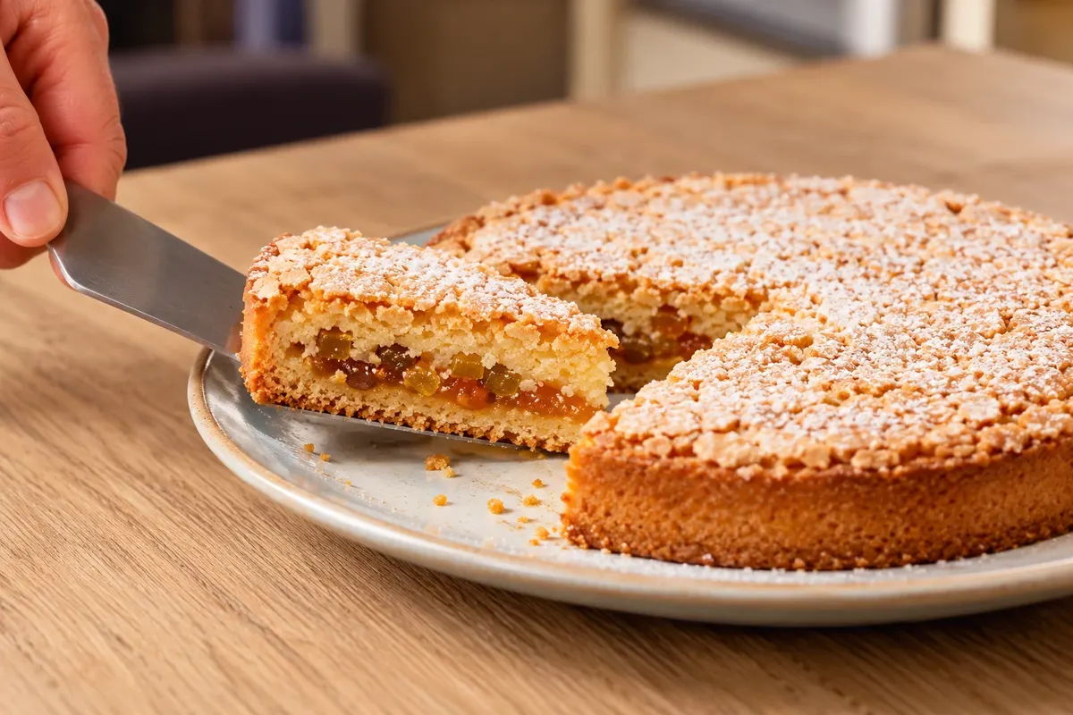 Slice of nougat de Tours showing candied fruit and apricot.