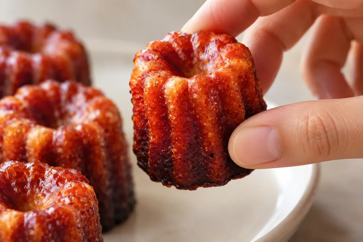 Canelé served by hand, with a close-up of the caramelized crust.