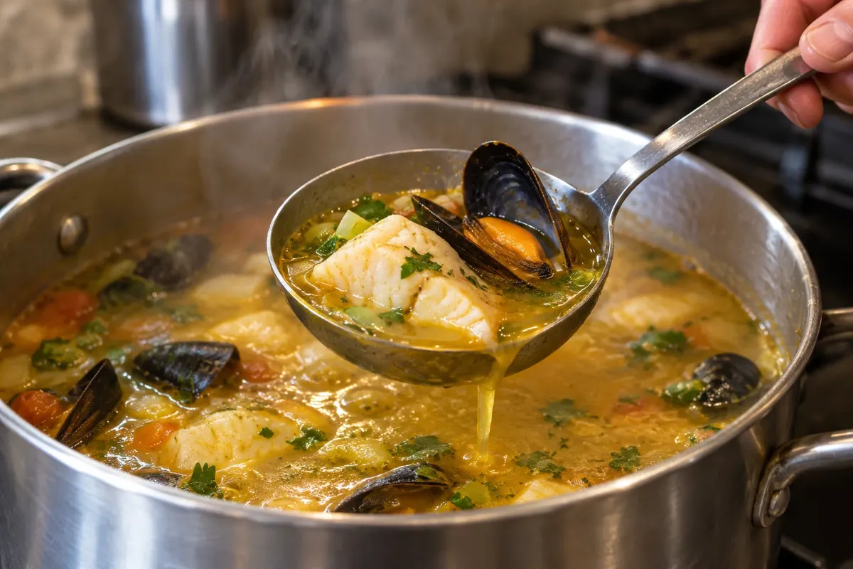 Ttoro shell with broth, fish and mussel.