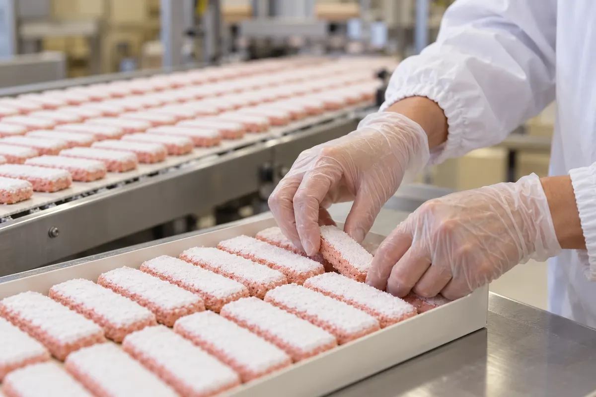 Biscuits roses de Reims being arranged for packaging.