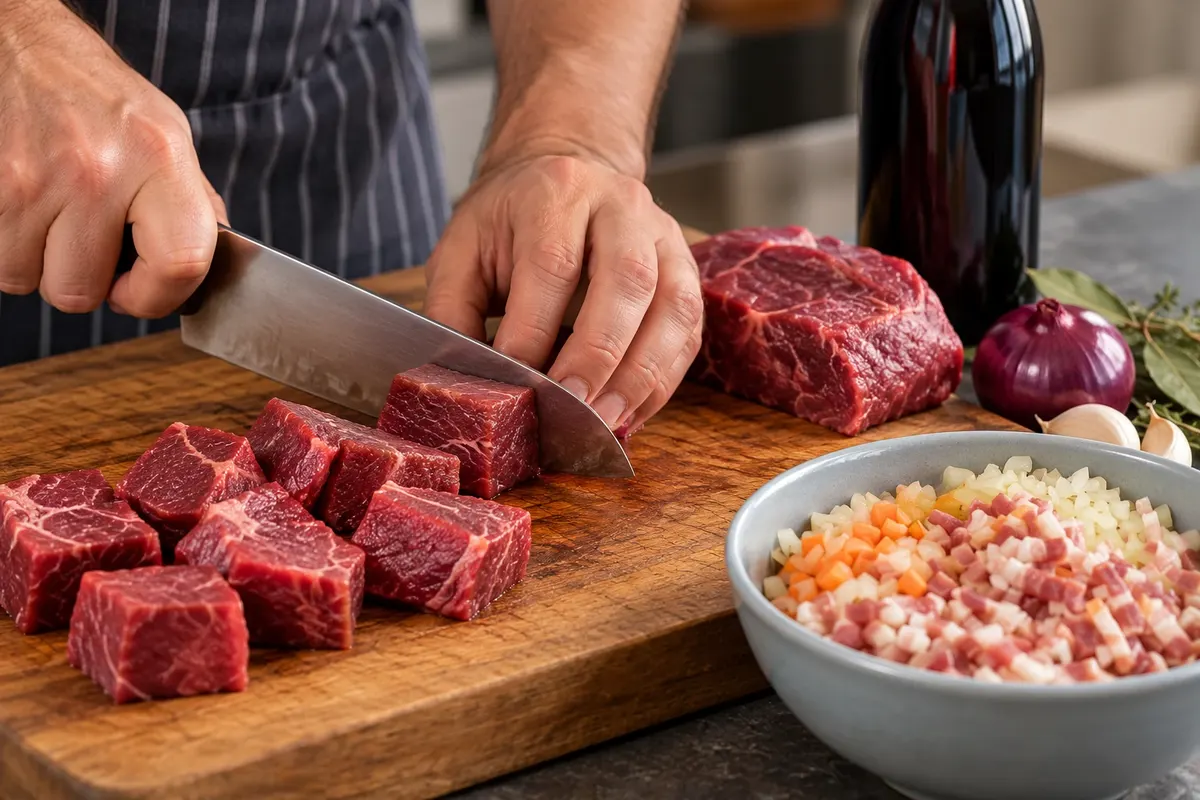 Beef cut into cubes for bœuf bourguignon.