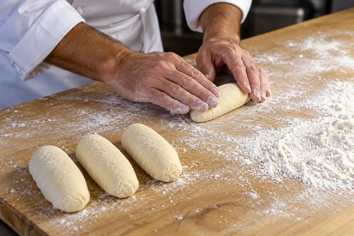 Shaping the quenelle mixture before cooking.