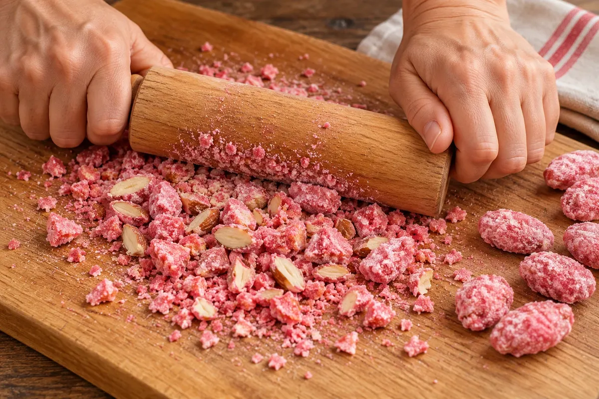 Crushed pink pralines for the tart filling.