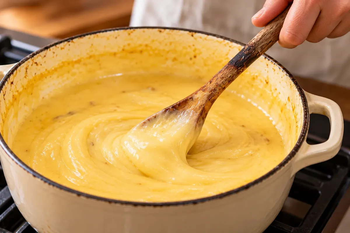Melted cheese stirred with a wooden spoon.