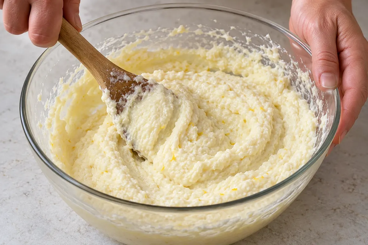 Mixture of brocciu, eggs and lemon in the preparation of fiadone.
