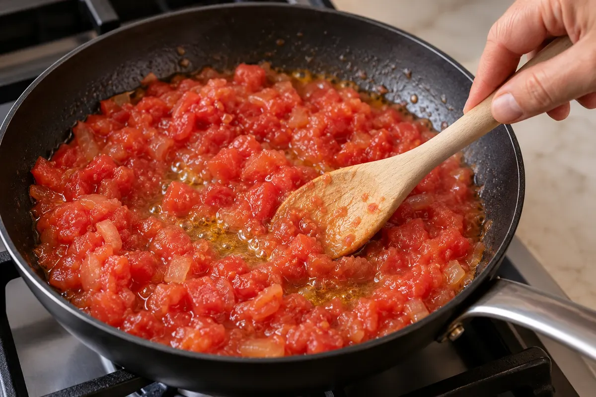 Preparation of the tomato sauce that can accompany the eggplants.