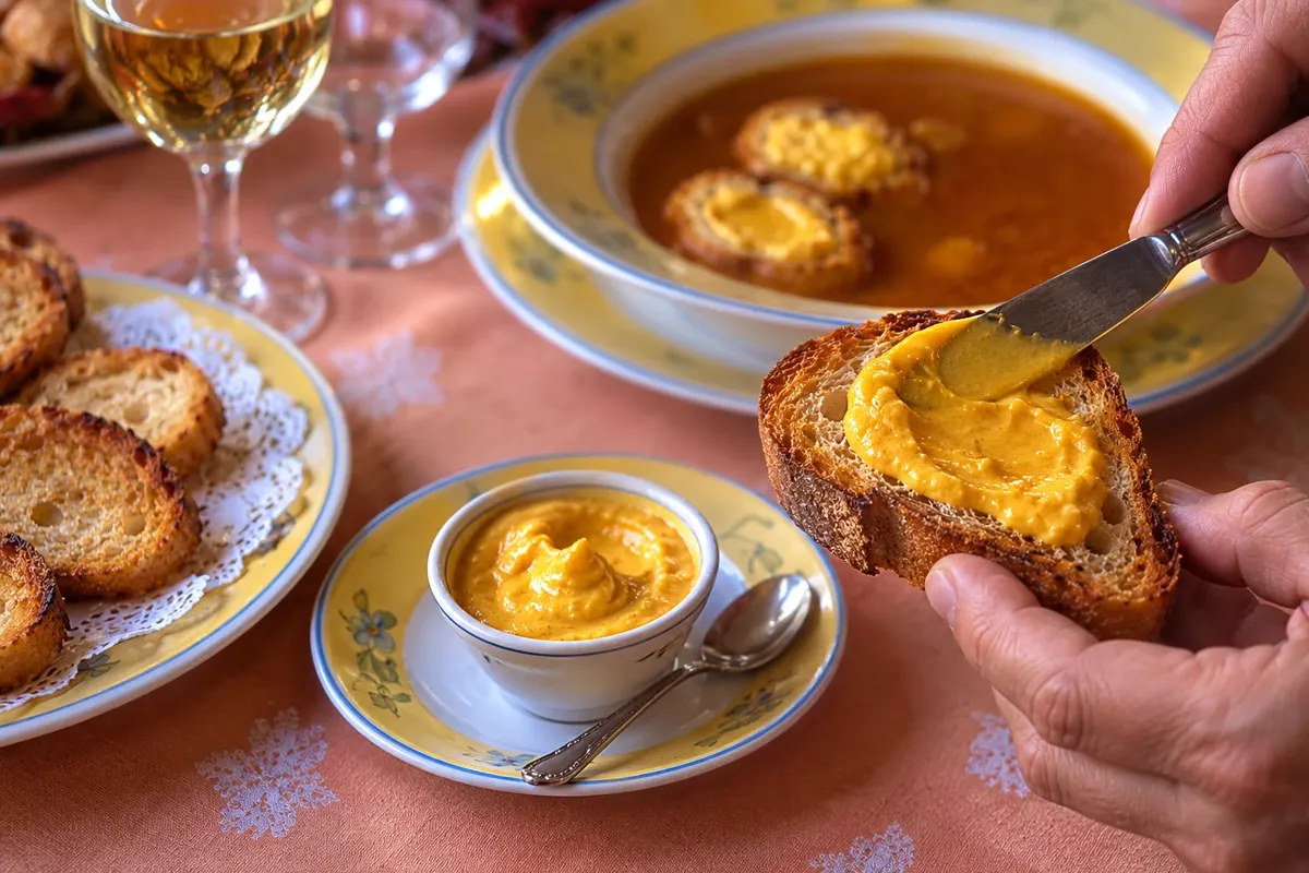 Rouille spread on the toast to accompany the broth.