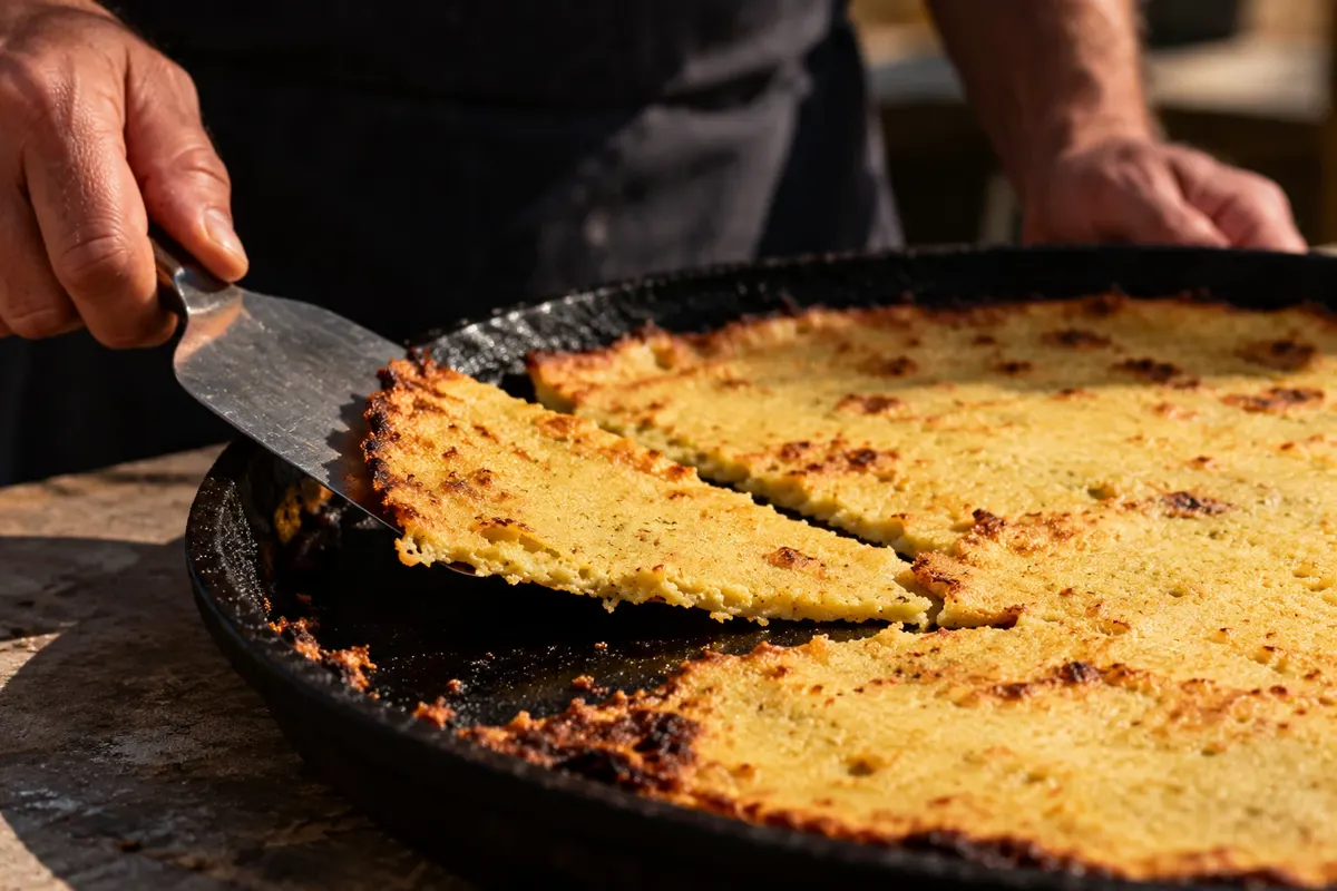 Cutting the socca on the tray before serving.