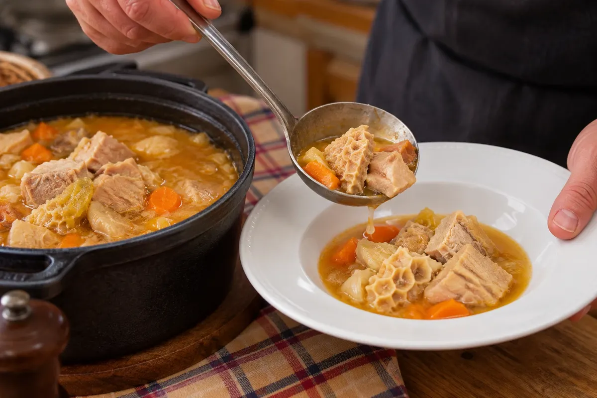 Serving the hot tripe with a ladle.