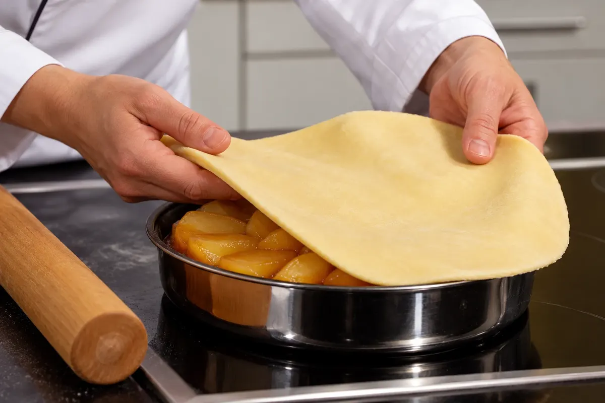 Disc of pastry placed over the apples before baking.