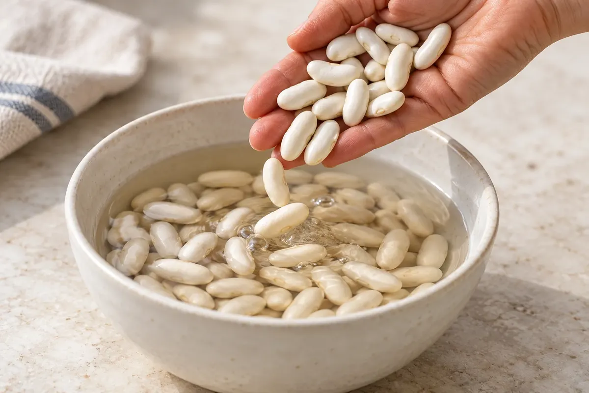 White beans soaked before preparation.