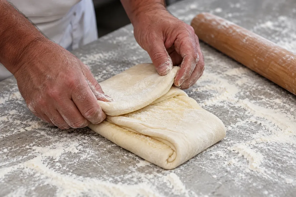 Fold of the laminated dough in the preparation of kouign-amann.