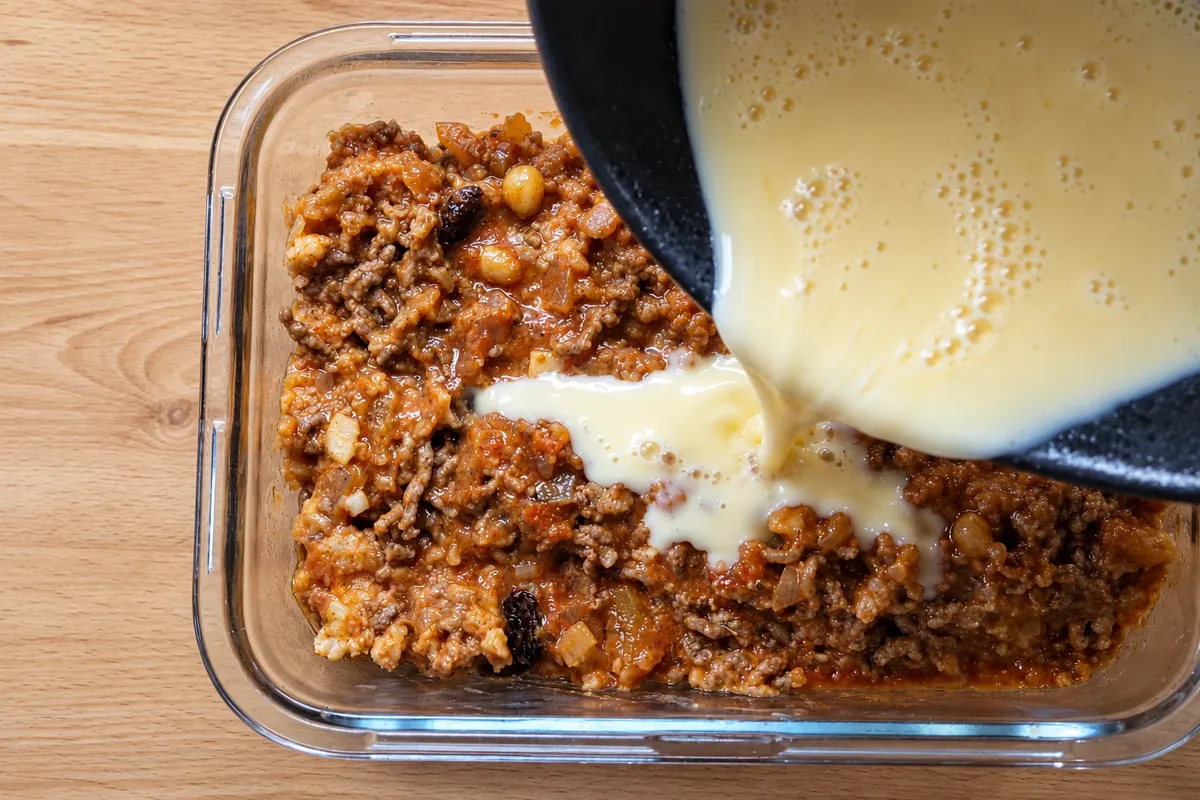 Mezcla de leche y huevos añadida al bobotie antes de hornear.