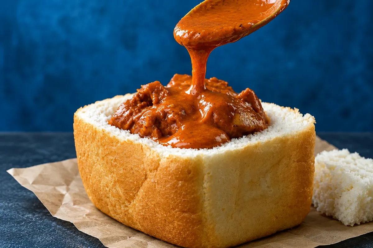 Salsa de curry servida en el pan del bunny chow.