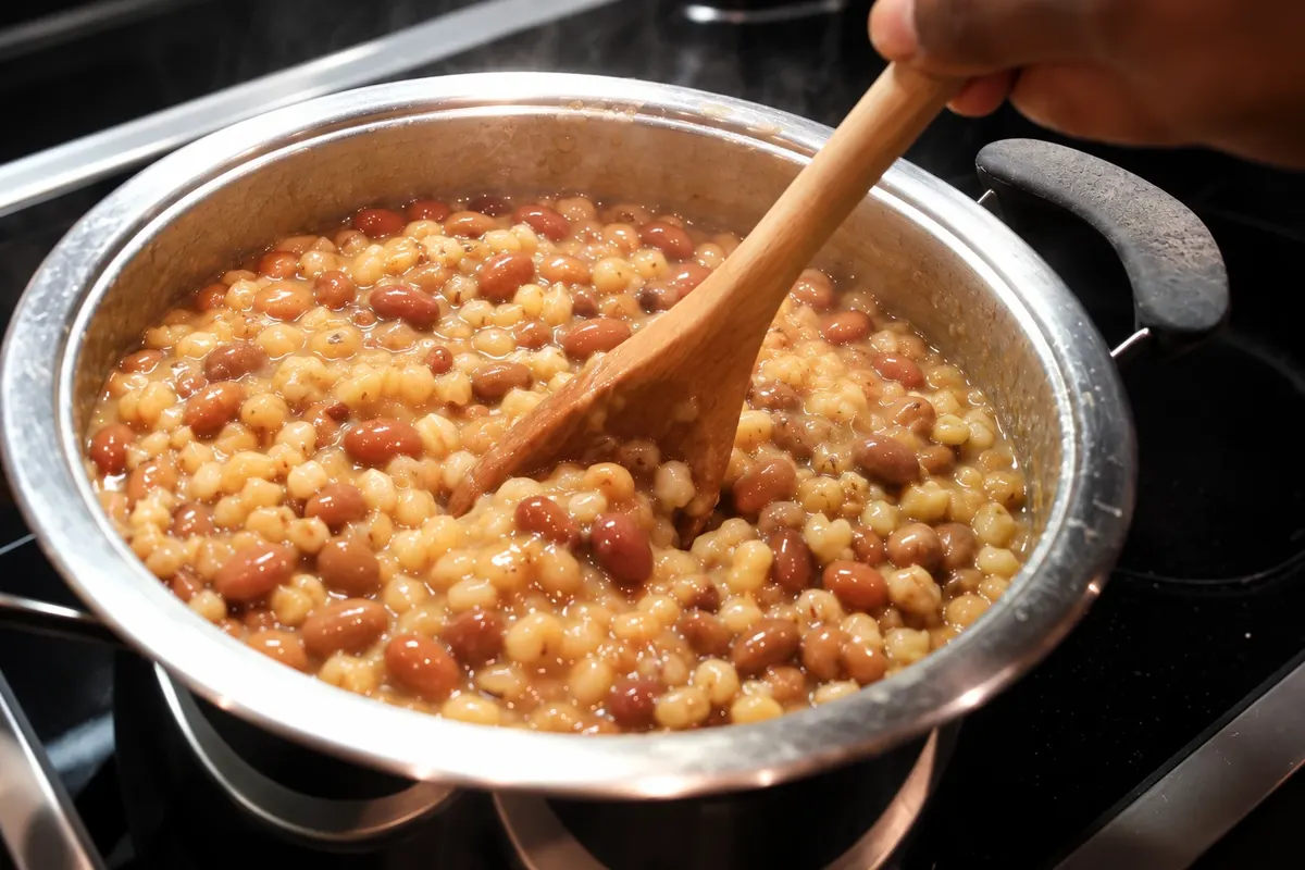 Samp y frijoles siendo removidos durante la preparación.