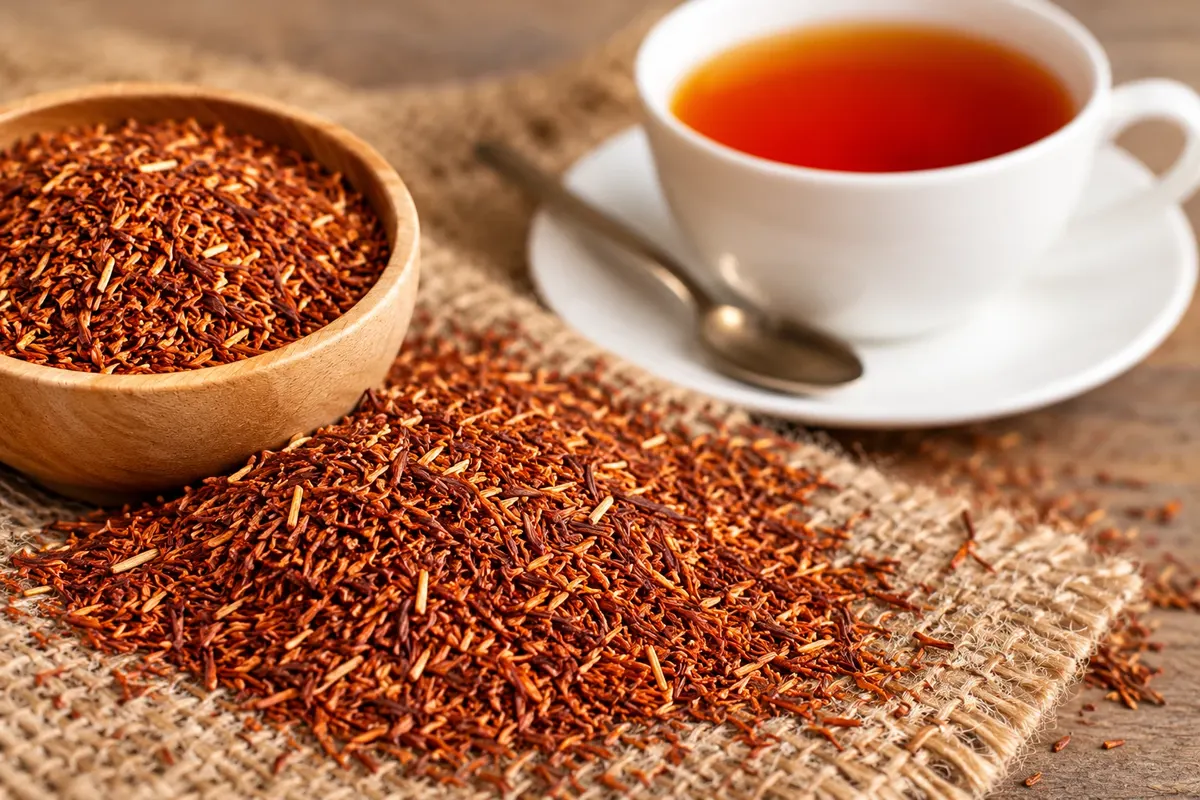 Hojas secas de rooibos y la infusión al fondo.