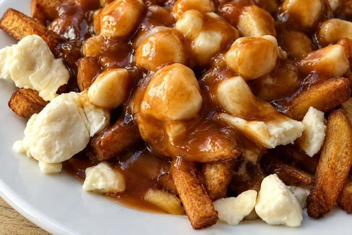 Textura de los granos de queso ablandados y salsa sobre las papas fritas.