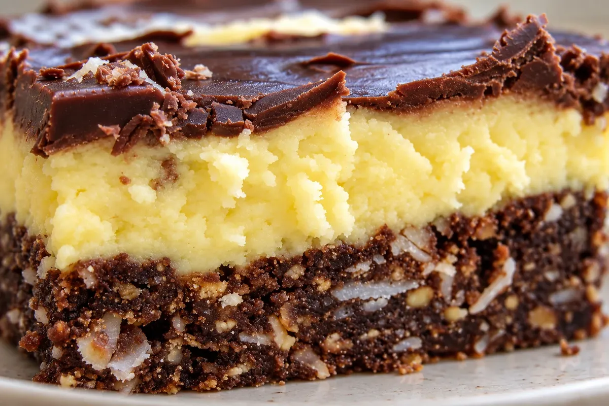 Close-up of the three layers and the coconut texture in the base.